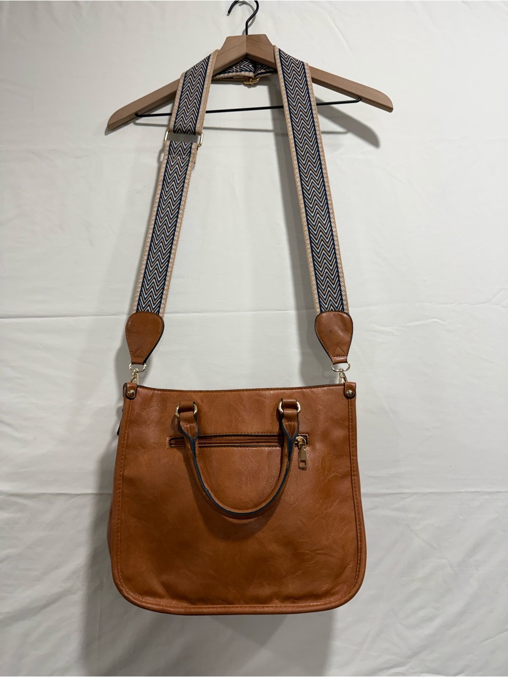 Brown Faux Leather Tote Crossbody Bag Chevron Strap Boho Satchel